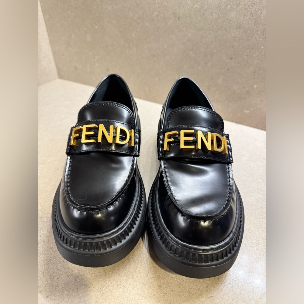 Fendi Black Slip-On Loafers with Gold Accent 38.5